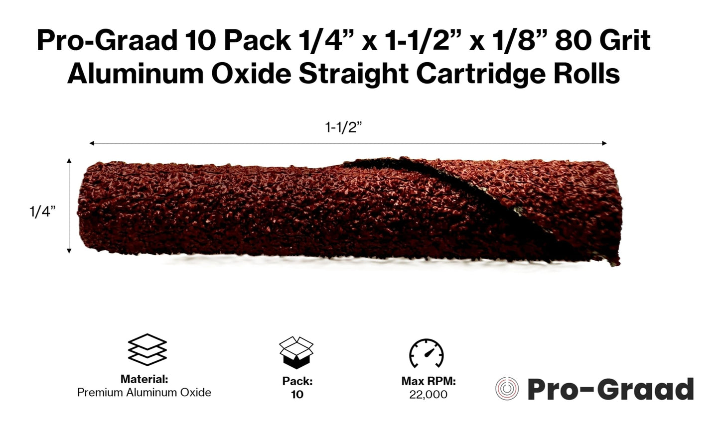 Pro-Graad 1/4” Diameter x 1-1/2” Length x 1/8” Pilot Hole 80 Grit Aluminum Oxide Straight/Untapered Cartridge Roll, 10 Pack, Includes 1x CR-9 Mandrel