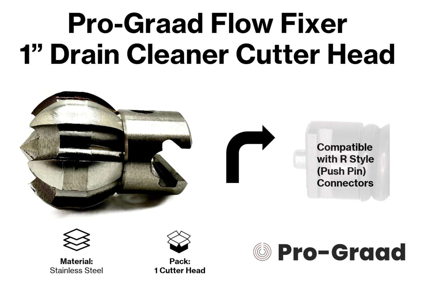 Pro-Graad 1” Flow Fixer Drain Cleaner Plumbing Snake Cutter Head for 1-1/4" - 2" Pipes, Clears & Scrapes Pipe Inner Walls, with R-Connector (Push Pin Fitting), for Commercial & Residential Use
