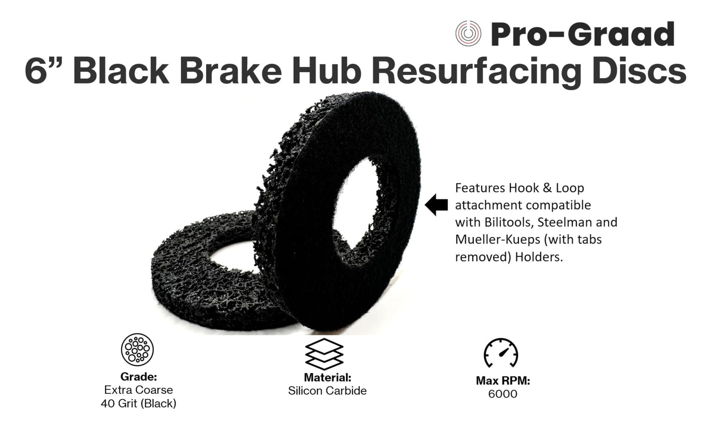 Pro-Graad 2 Pack 6” Replacement Pad for Hub Cleaning Tool, Hook & Loop Brake Wheel Hub Black Resurfacing & Cleaning Disc, Compatible for use with Bilitools, Steelman, Hazet & Mueller-Kueps Holders