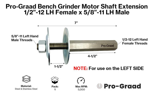 Pro-Graad Bench Grinder Motor Shaft Extension, 1/2"-12 LH to 5/8"-11 LH, 7”