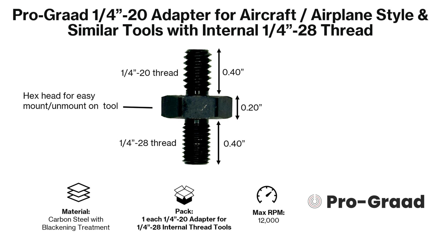 Pro-Graad 54021 1/4"-28 Male to 1/4"-20 Male Adapter for Aircraft/Airplane Drills, Rotary Tools - Convert Internal 1/4"-28 Thread to 1/4"-20 Male Thread for R-Type Quick Change Disc Holders (1"-3")