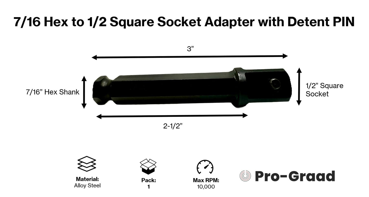 Pro-Graad 7/16 Hex to 1/2 Square Socket Adapter Drive Converter, Impact Driver Bit, Detent PIN, 2.5” Extension, 7/16” to 1/2” Impact Adapter, Works with 7/16inch Impact Driver & 1/2inch Electric Drill