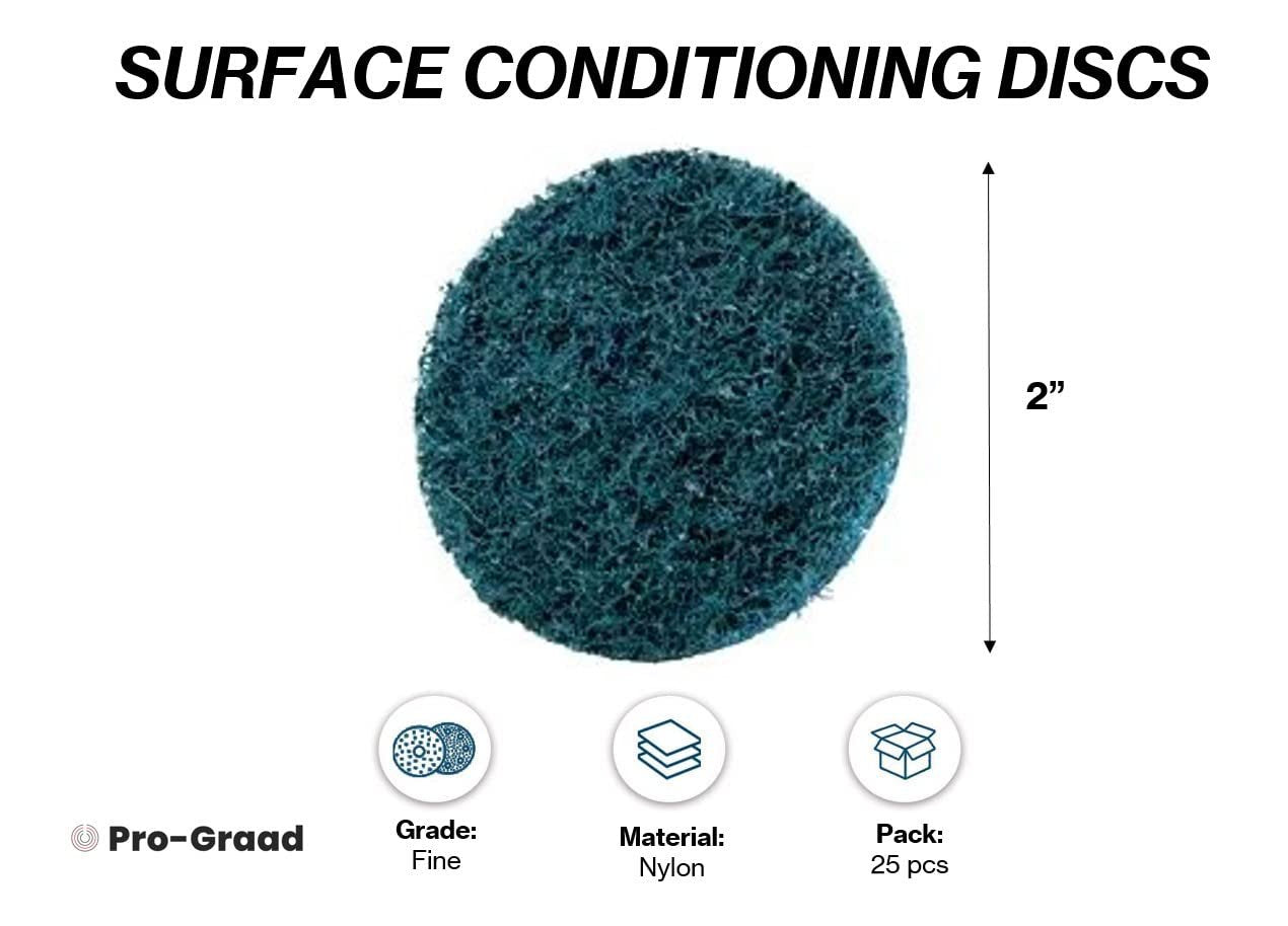Pro-Graad 2" Quick Change Non-Woven Nylon Surface Conditioning Discs for Deburring Sanding Blending Polishing Paint Removal with Male R-Type Backing Use with Die Grinder - Blue - (Fine) - (25 Pack)