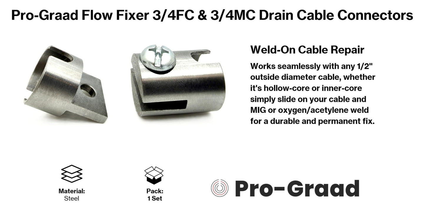 Pro-Graad Flow Fixer 3/4” Slotted Drain Cleaner Cable Weld On Repair End,3/4FC-O & 3/4MC-O MALE & FEMALE WELD-ON CABLE END REPAIR for 3/4" Cables. Fits All 3/4" O.D. Cables, Hollow or Inner Core