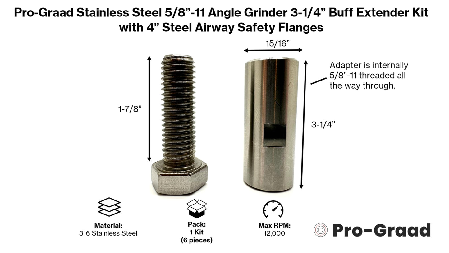 Pro-Graad Stainless Steel 5/8”-11 Angle Grinder Buff Extender Kit, Airway Buffing Polishing Wheel 3-1/4” Extension Shaft, Threaded Arbor Extension Adapter with 4” Steel Airway Safety Flanges