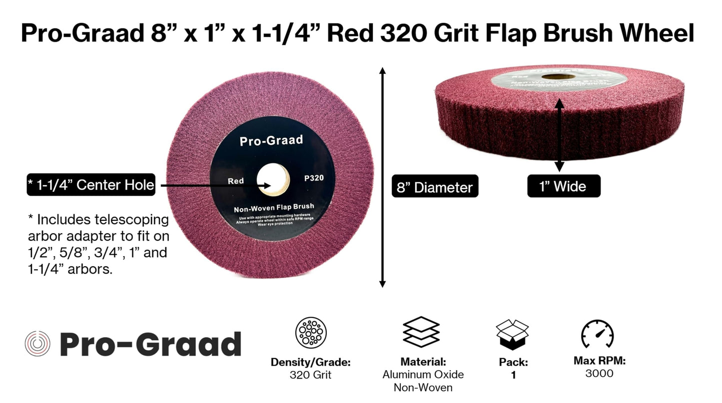 Pro-Graad 8” x 1” x 1-1/4” Arbor Red Bench Grinder Polishing Wheel, 320 Grit, Tight Weave, Great for refurbishing golf clubs and metal, Non-Woven Wheel for Copper, Metal, Finishing, and Burnishing