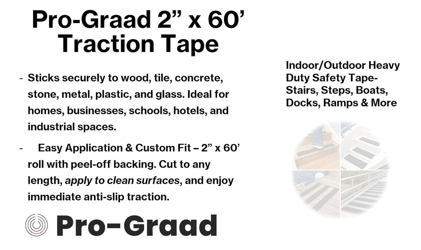 Pro-Graad Anti Slip Traction Tape 2" x 60 Foot, Black, Extra Coarse 40 Grit, Indoor/Outdoor Heavy Duty Safety Tape-Stairs, Steps, Boats, Docks, Ramps & More. Strong Adhesive Non Skid Treads (2” X 60’)