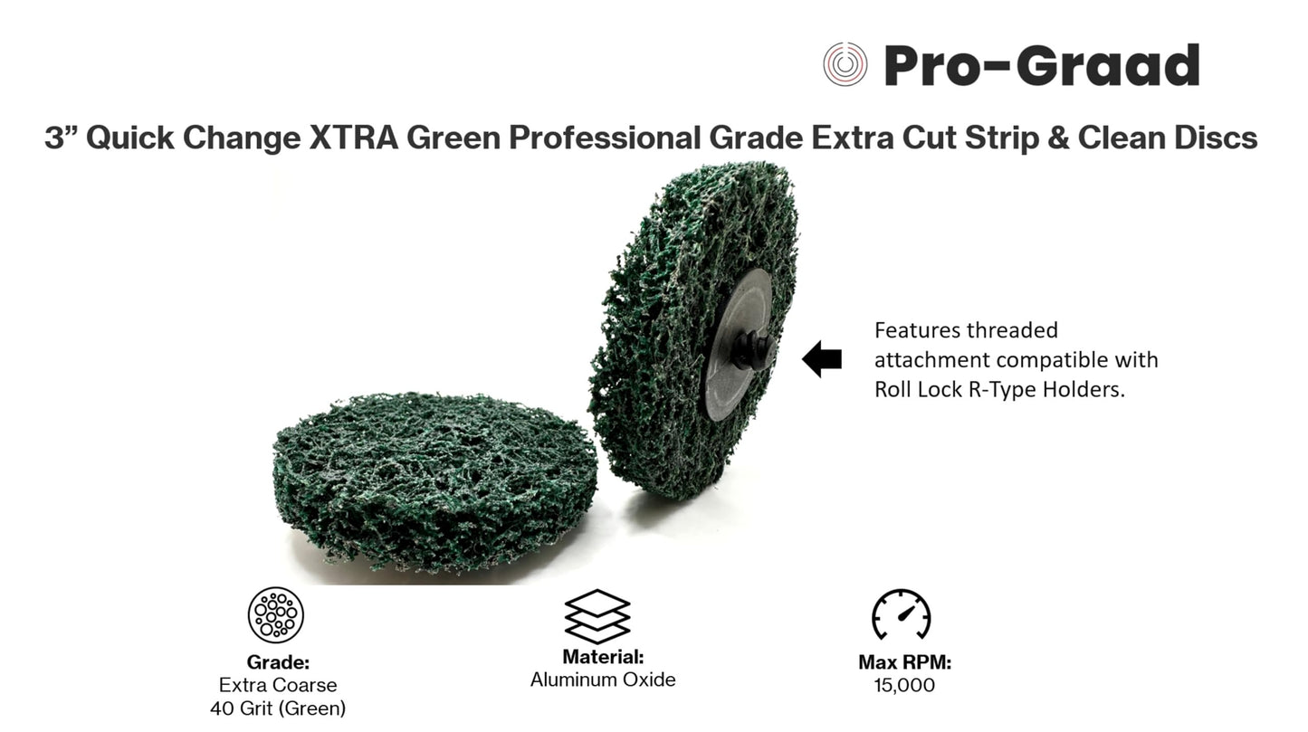 Pro-Graad 10 Pack 3" XT PRO Extra Cut Clean & Strip Disc, Roll Lock Quick Change, Green Professional Grade, Extra Coarse, Remove Heavy Rust Paint Corrosion, 21545
