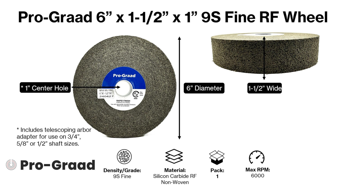 Pro-Graad 1 Pack 6” x 1-1/2” x 1” 9S Fine Series 1000 RF Long Life Convolute Deburring, Finishing & Polishing Wheel, Includes Adapter for use on 3/4 5/8 1/2 inch Shaft Sizes, Pack of 1