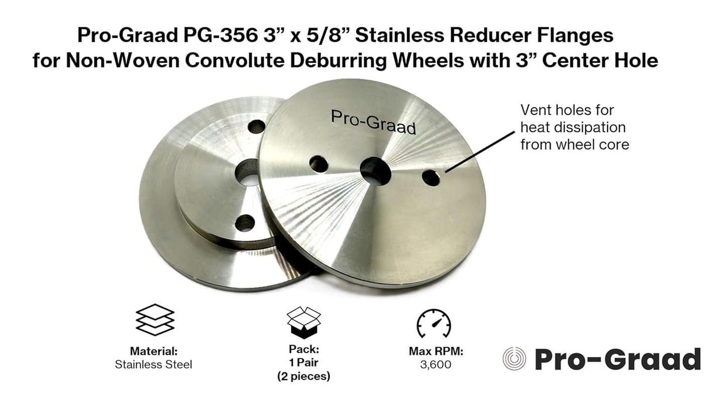 Pro-Graad PG-356 3” x 5/8” Heavy Duty Stainless Reducer Flanges for Wheels with 3” Hole, Reduce Arbor to 5/8”, for use with Airway Buffs, Pro-Graad & 3M Scotch Brite Convolute Deburring Wheels, 1 Pair