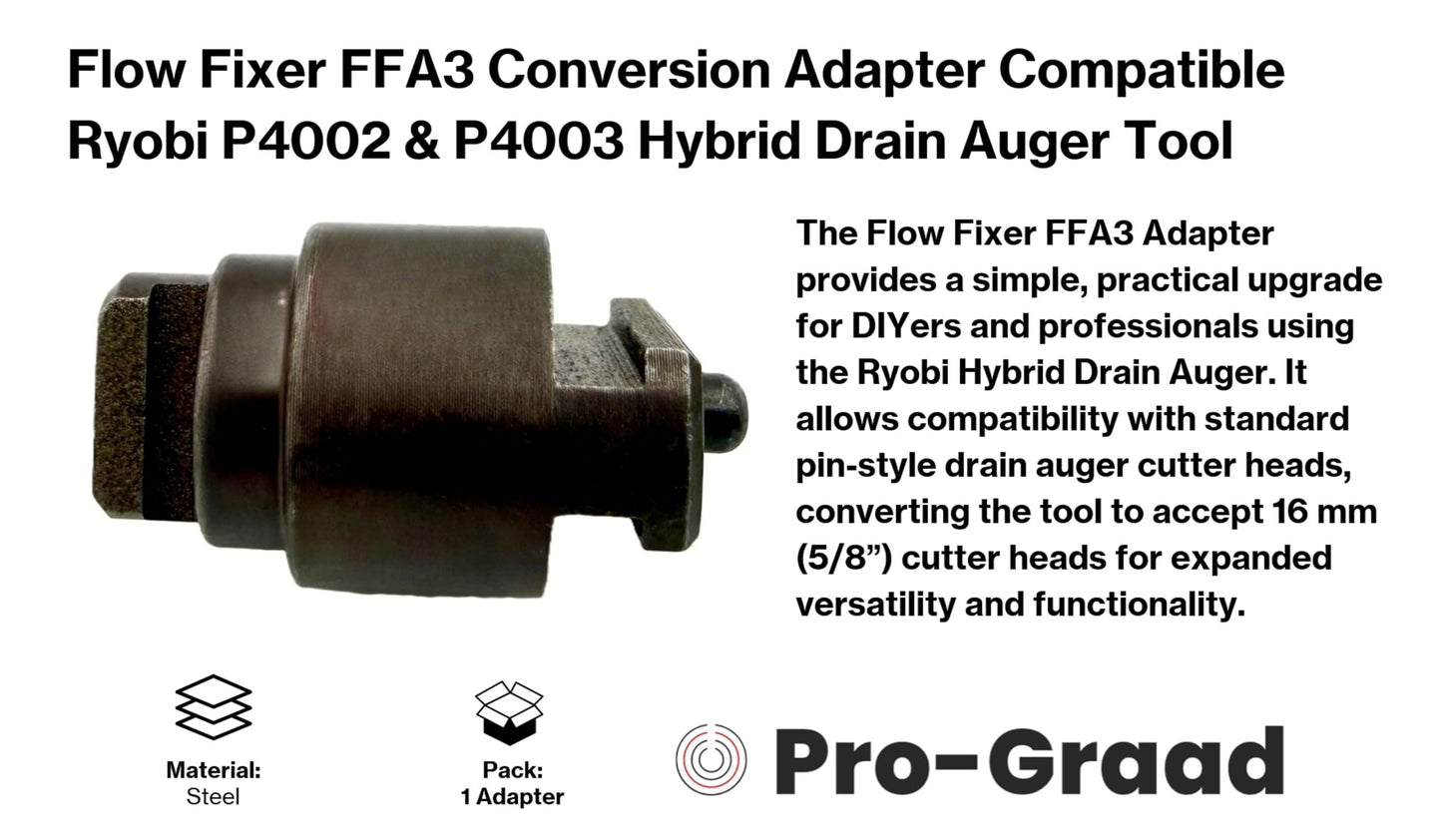 Flow Fixer FFA3 Conversion Adapter Compatible Fit Ryobi Hybrid Drain Auger P4002 & P4003. Enables use of standard 16mm pin-style drain auger cutter heads for increased versatility and performance