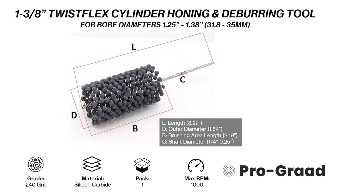 Pro-Graad TwistFlex 1-3/8" 240SC Cylinder Hone | 1.375" Flexible Cylinder Honing & Deburring Tool | Bore Brush for Hole Diameters 1.25" - 1.38" | Silicon Carbide 240 Grit | 1/4" Shank | 8.27" Length…