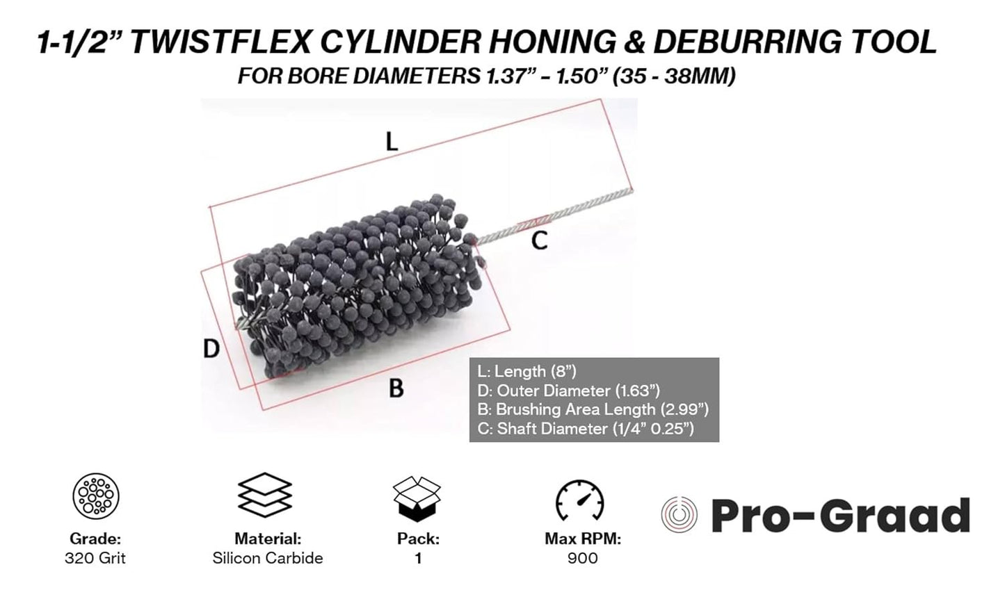 Pro-Graad TwistFlex Cylinder Hone | 1-1/2” (38.1mm) 320SC Flexible Cylinder Honing & Deburring Tool | 1.5" Bore Brush for Hole Diameters 1.37” – 1.5” | Silicon Carbide 320 Grit (Pack of 1)