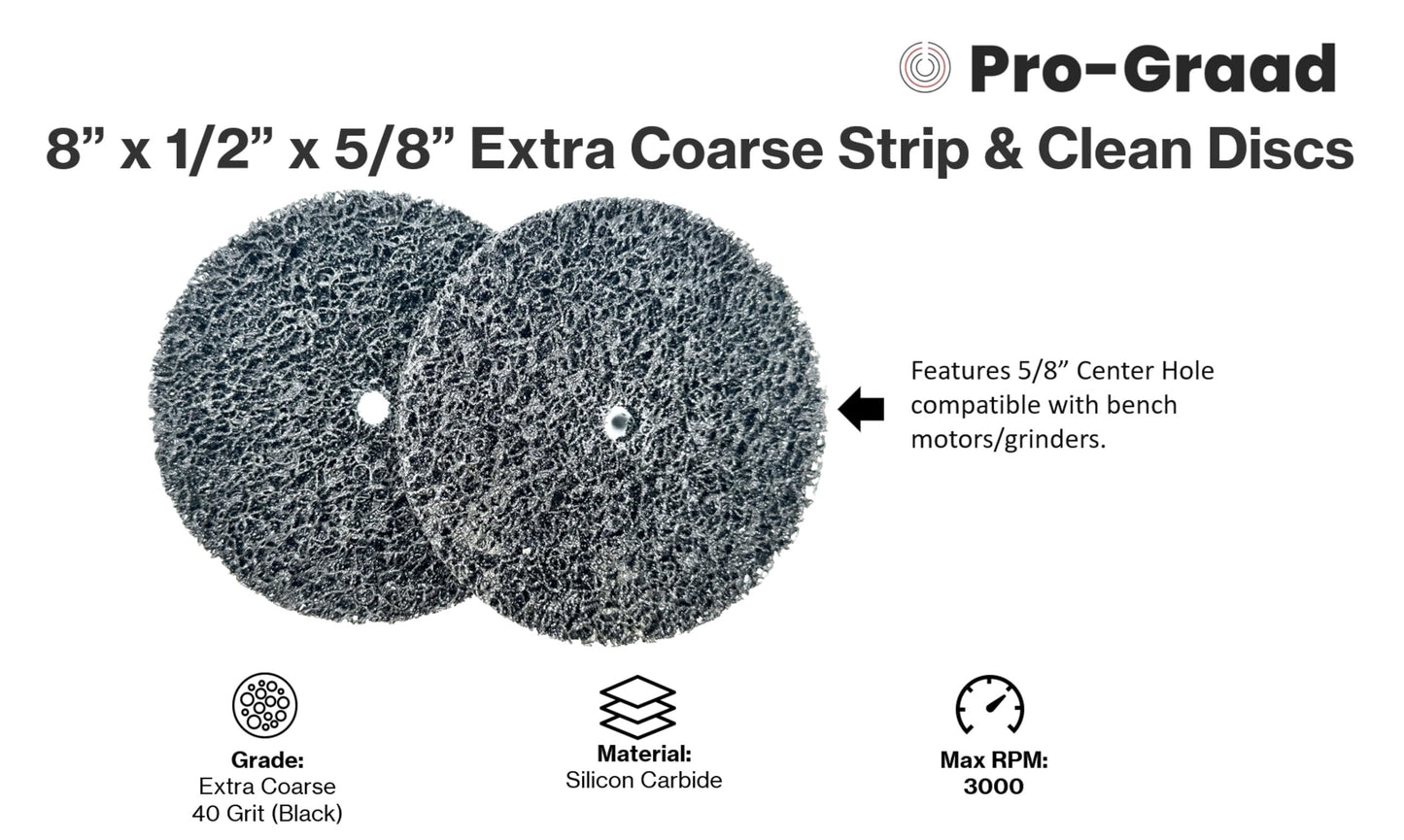 Pro-Graad 2 Pack 8” x 1/2” x 5/8" Strip & Clean Disc, Silicon Carbide Extra Coarse Cleaning Stripping Discs for Bench/Angle Grinder, Remove Paint Coatings Corrosion Rust Weld Cleanup, Black, 00958