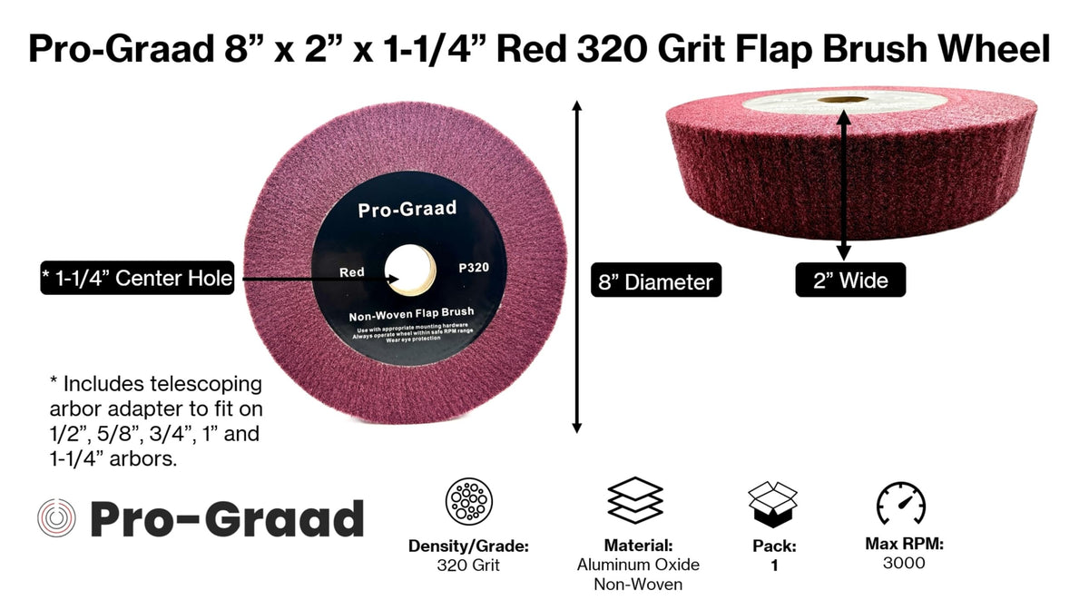 Pro-Graad 8” x 2” x 1-1/4” Arbor Red Bench Grinder Polishing Wheel, 320 Grit, Tight Weave, Great for refurbishing golf clubs and metal, Non-Woven Wheel for Copper, Metal, Finishing, and Burnishing