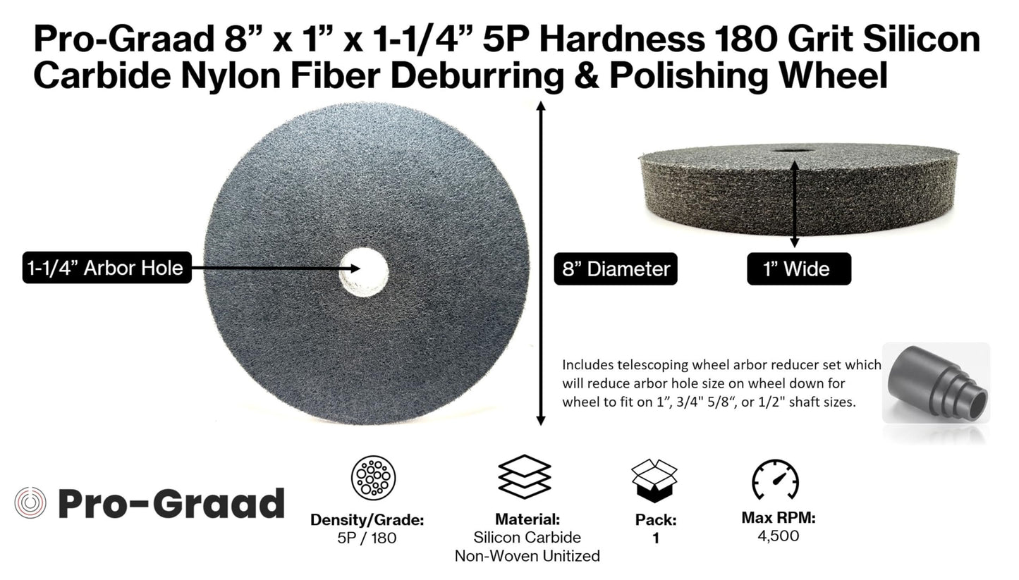 Pro-Graad Nylon Fiber Deburring Wheel 8" x 1" x 1-1/4" 5P Hardness 180Grit Silicon Carbide Brushed Polishing Buffing Unitized Wheel for Bench Grinder Buffing Machine with Adapter for 1/2 5/8 3/4 Arbor