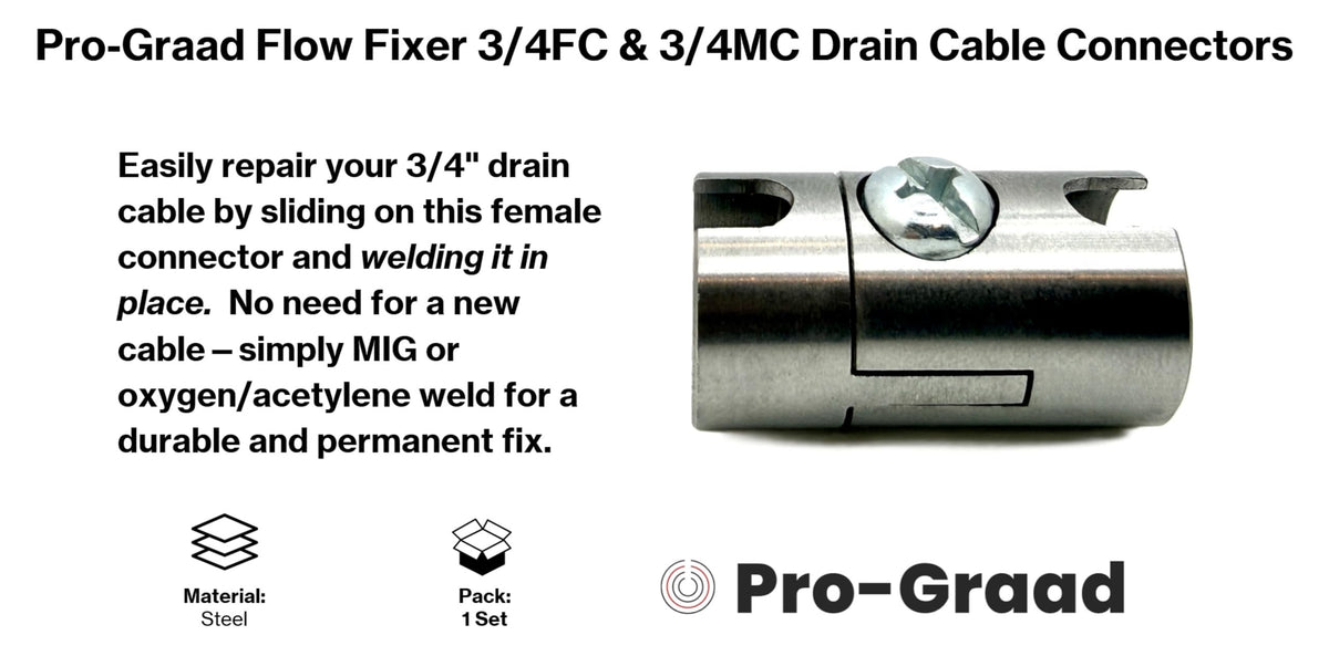 Pro-Graad Flow Fixer 3/4” Slotted Drain Cleaner Cable Weld On Repair End,3/4FC-O & 3/4MC-O MALE & FEMALE WELD-ON CABLE END REPAIR for 3/4" Cables. Fits All 3/4" O.D. Cables, Hollow or Inner Core
