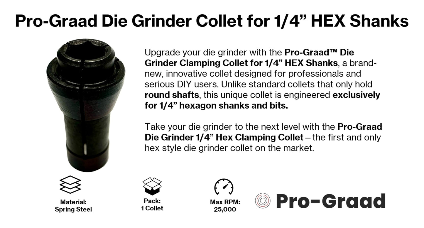 Pro-Graad Die Grinder Collet for 1/4” HEX Shanks – Unique Hex-Style Clamping Collet for Air Tool Die Grinders – Not for Round Shanks – Holds 1/4 Inch Hex Bits