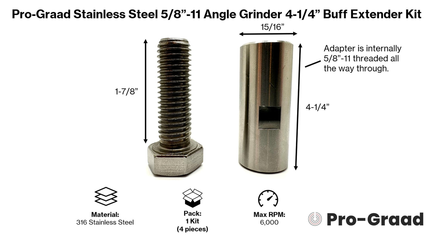 Pro-Graad Stainless Steel 5/8”-11 Angle Grinder Buff Extender Kit, Airway Buffing Polishing Wheel 4-1/4” Extension Shaft, Threaded Arbor Extension Adapter, for Angle Grinders