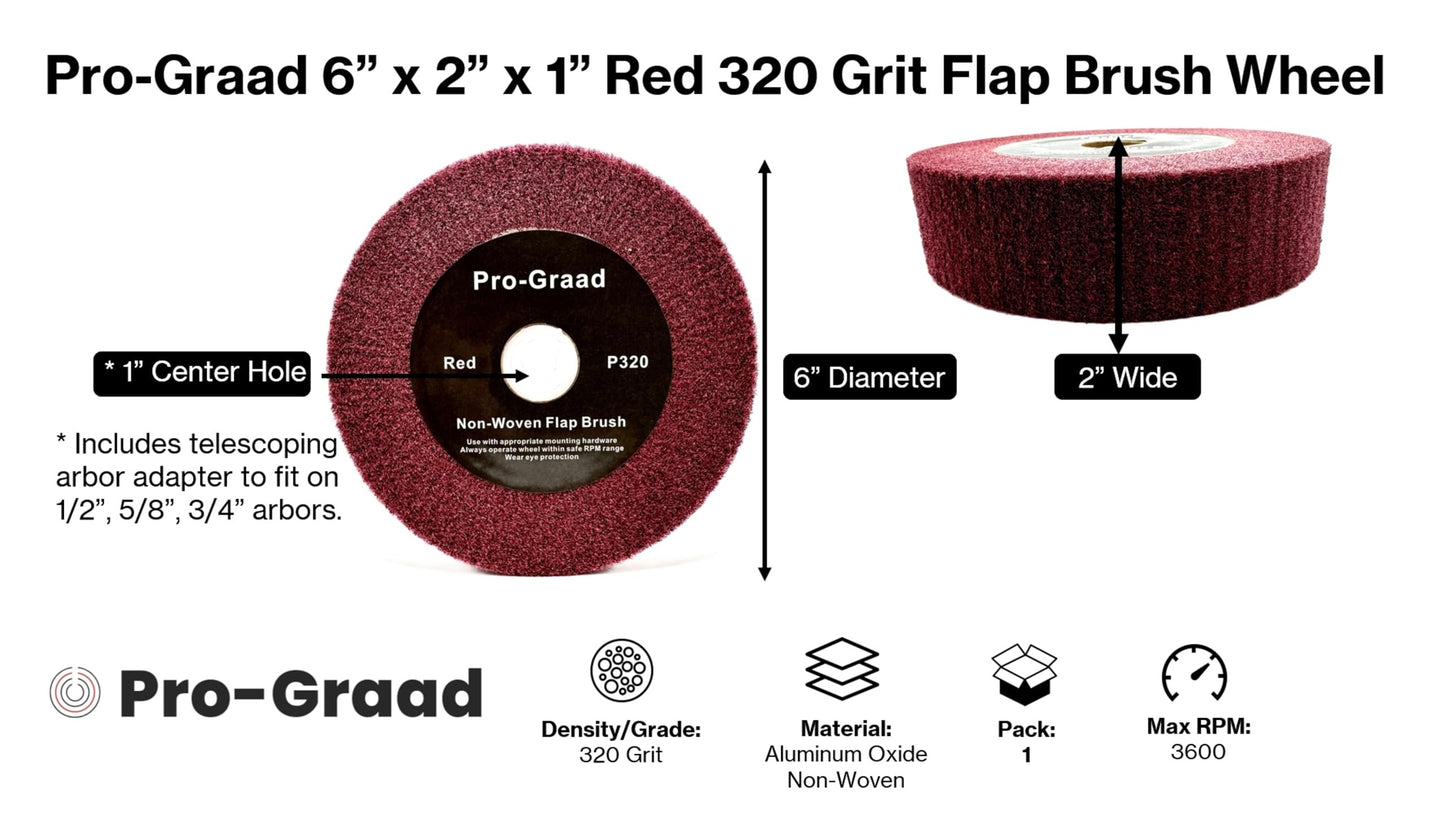 Pro-Graad 6” x 2” x 1” Arbor Red Bench Grinder Polishing Wheel, 320 Grit, Tight Weave, Great for refurbishing golf clubs and metal, Non-Woven Wheel for Copper, Metal, Finishing, and Burnishing