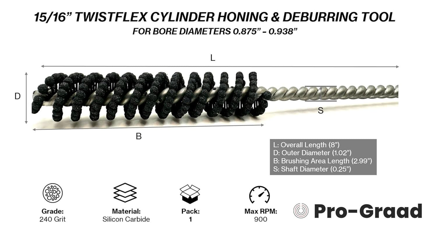 Pro-Graad TwistFlex 15/16" 240SC Cylinder Hone, 0.9375” (23.8mm) Flexible Cylinder Honing & Deburring Tool for Hole Diameters 0.875"- 0.938“, 240 Grit Silicon Carbide, Pack of 1