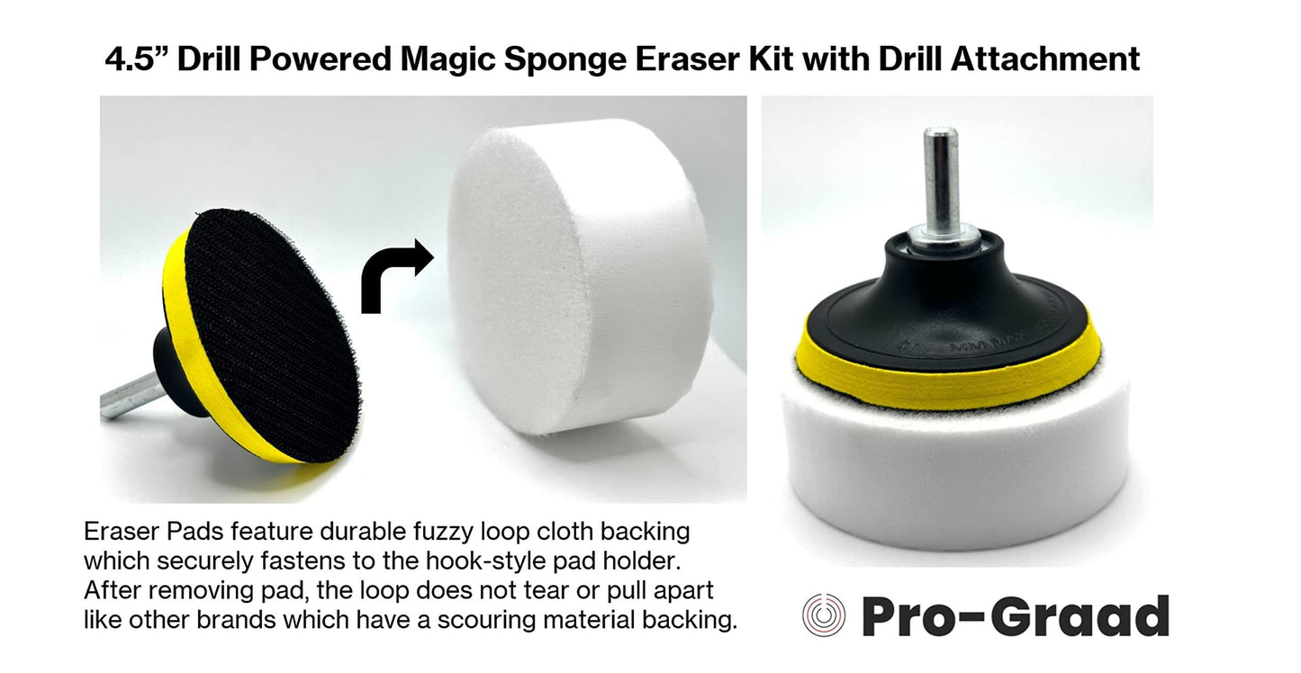 4.5” Drill Powered Magic Sponge Eraser 6 Pieces Kit with Drill Attachment | 25% Thicker Ultra Durable Melamine Cleaning Eraser Pads for Bathroom Kitchen Floors Walls Baseboards Crayon Marker and more
