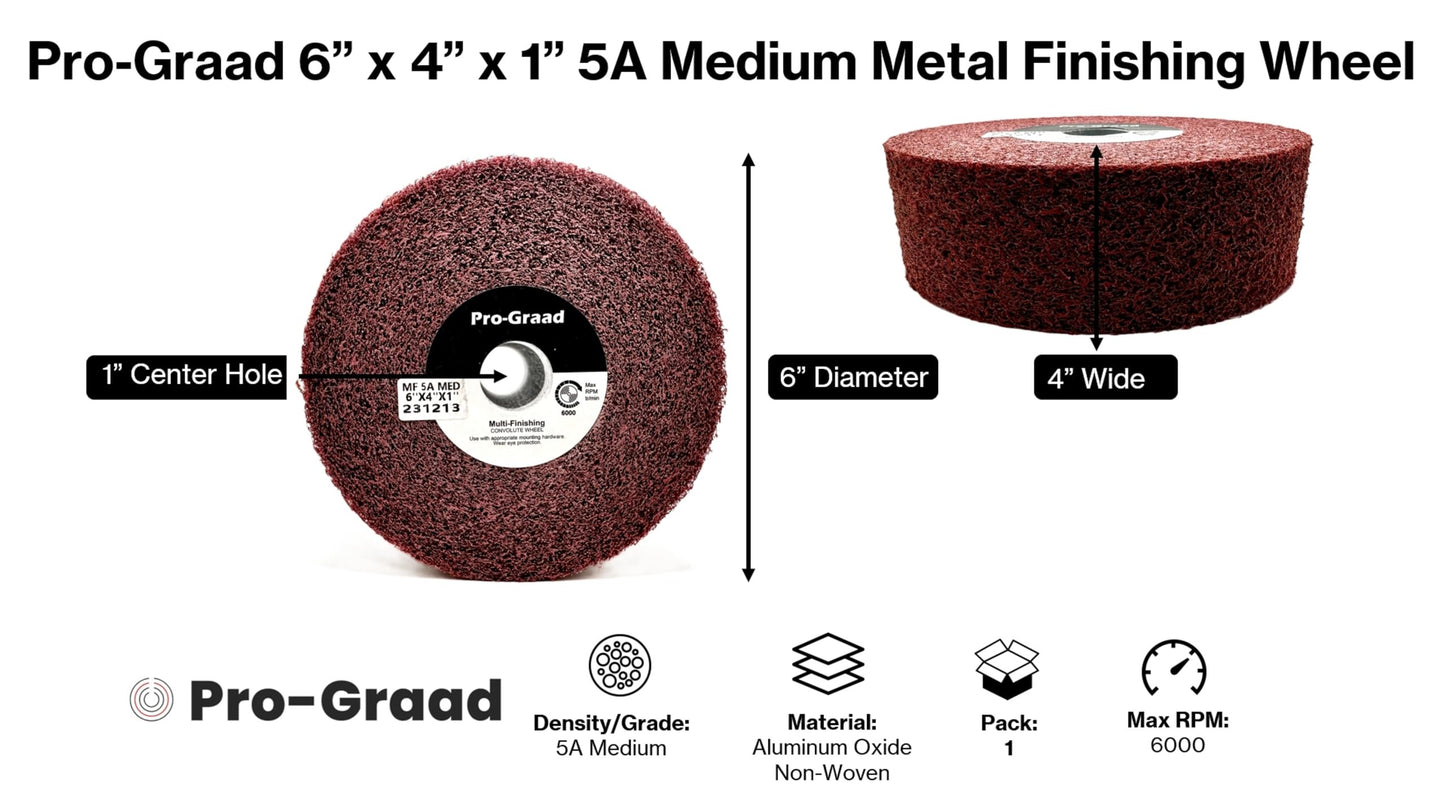Pro-Graad Metal Finishing Wheel – 6” x 4” x 1” 5A Medium Grit – Aluminum Oxide – Maroon Metal Finish Convolute Wheel – for #3 & #4, Brush, Satin and Mill Finishes – 05571 - Pack of 1