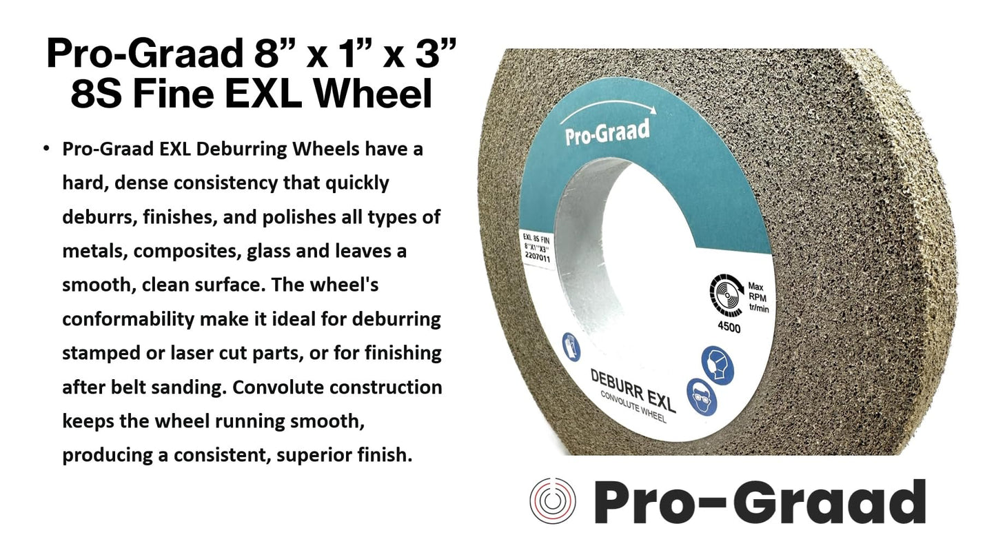 Pro-Graad EXL Deburring Wheel - 8" x 1" x 3" 8S Fine Grit - Silicon Carbide - Metal Deburring, Finishing and Polishing Wheel - Convolute - 09551 - (1 Pack)
