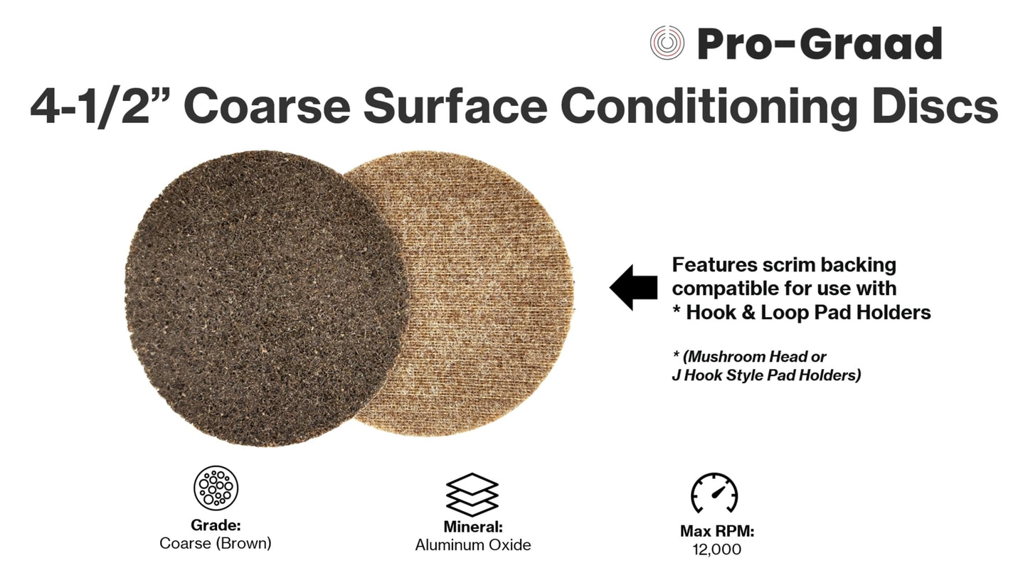 Pro-Graad 4-1/2" ACRS Hook & Loop Surface Conditioning Discs, 10 Pack, Brown, Coarse Grit, Aluminum Oxide, for Metal Surface Prep Sanding Polishing Deburring Cleaning - Easy Attachment, 14101