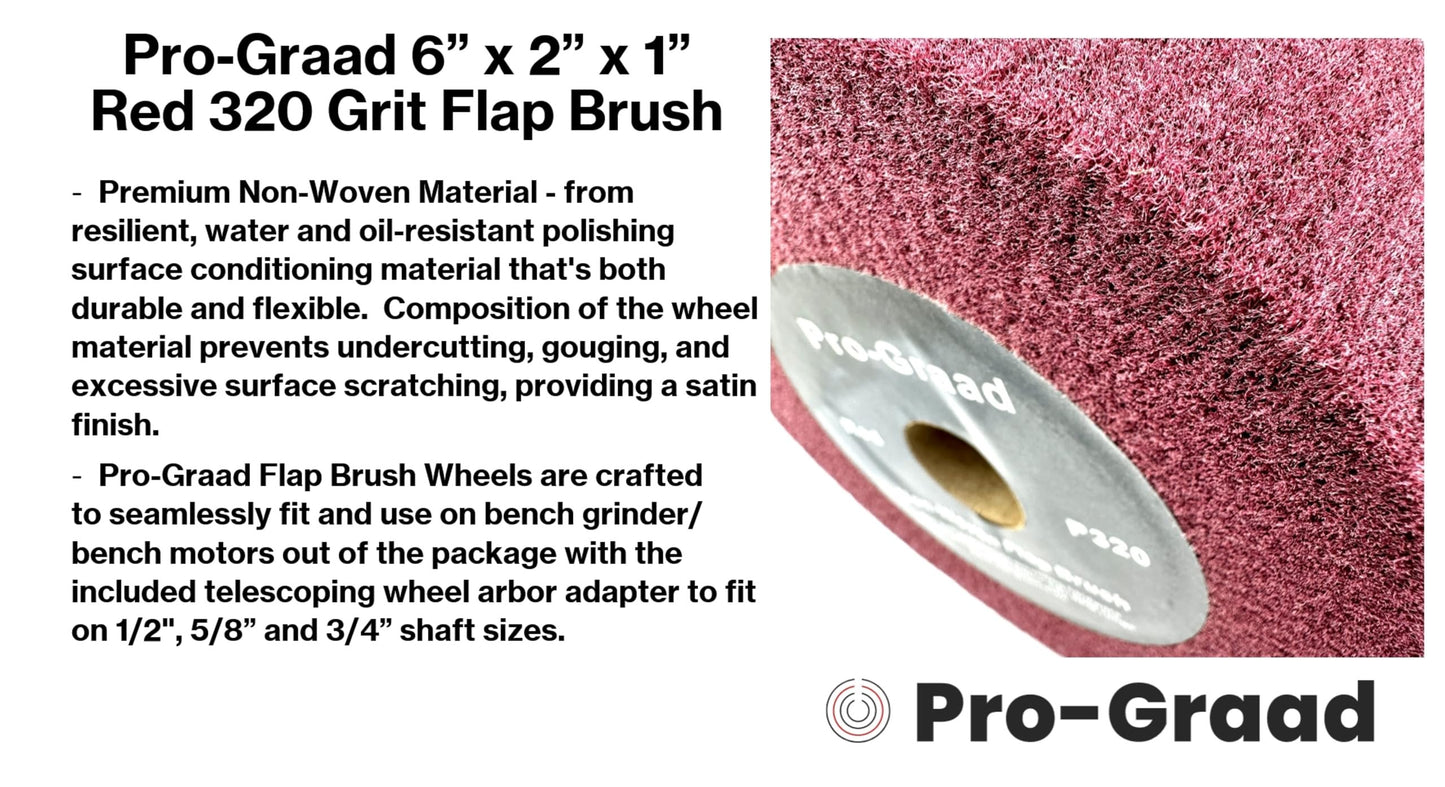 Pro-Graad 6” x 2” x 1” Arbor Red Bench Grinder Polishing Wheel, 320 Grit, Tight Weave, Great for refurbishing golf clubs and metal, Non-Woven Wheel for Copper, Metal, Finishing, and Burnishing