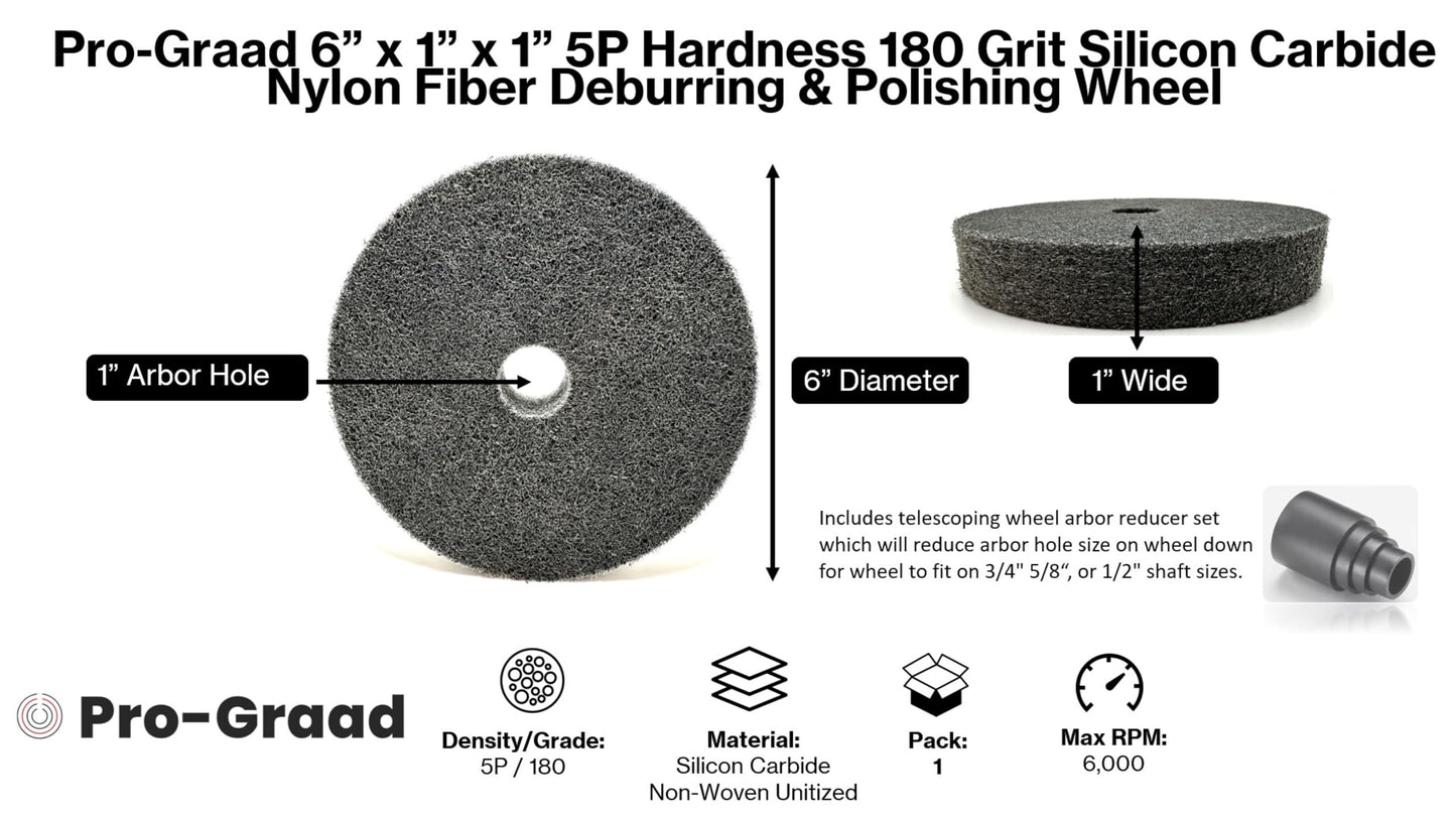 Pro-Graad Nylon Fiber Deburring Wheel 6" x 1" x 1" 5P Hardness 180 Grit Silicon Carbide Brushed Polishing Buffing Unitized Wheel for Bench Grinder, Buffing Machine, with Adapter for 1/2 5/8 3/4 Arbor