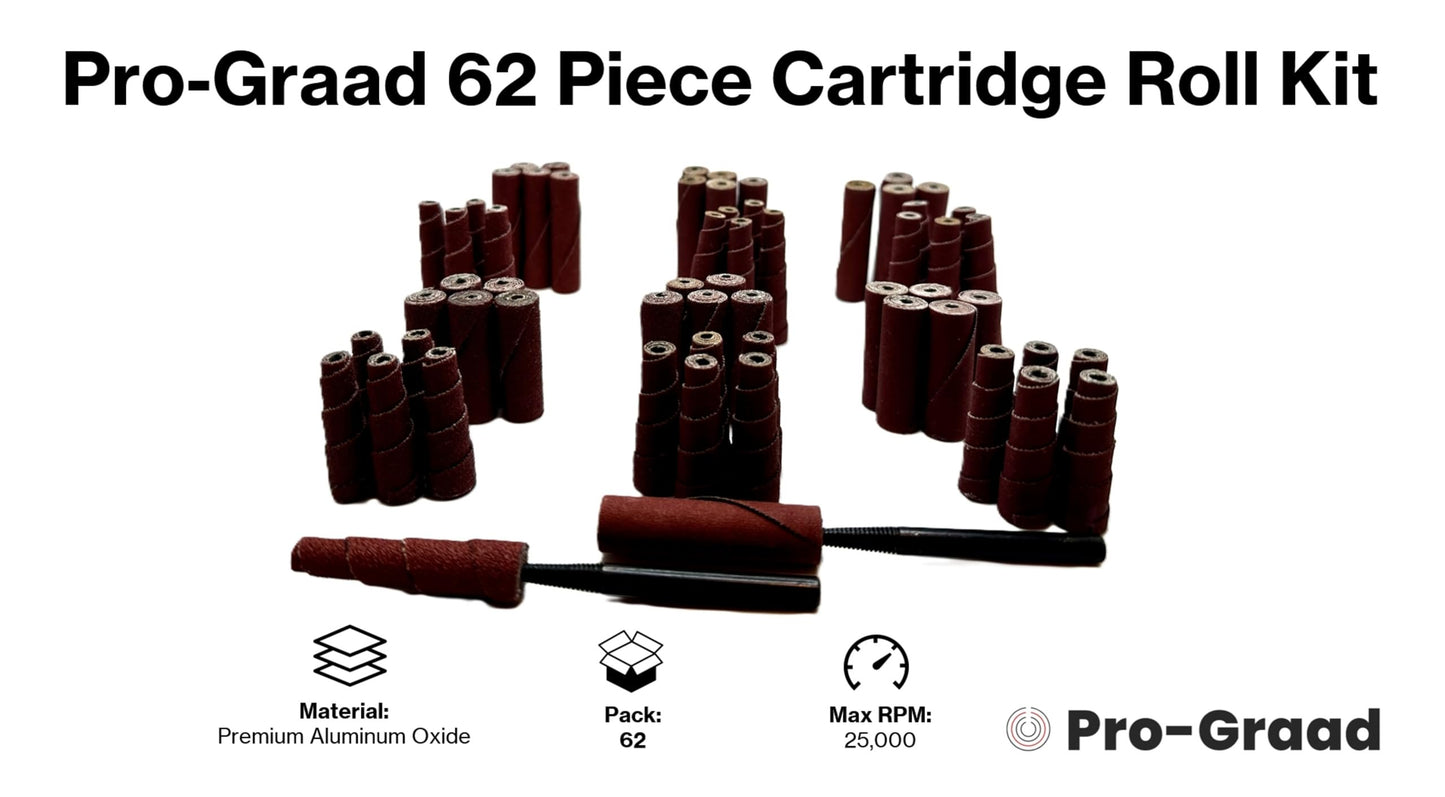Pro-Graad 62 Piece Abrasive Sanding Cartridge Spiral Roll Sander Kit, Cone & Cylinder Set for Metal, Wood, Stainless, Fiberglass, Welds, Engine & Head Porting – Die Grinder & Rotary Tool Accessories