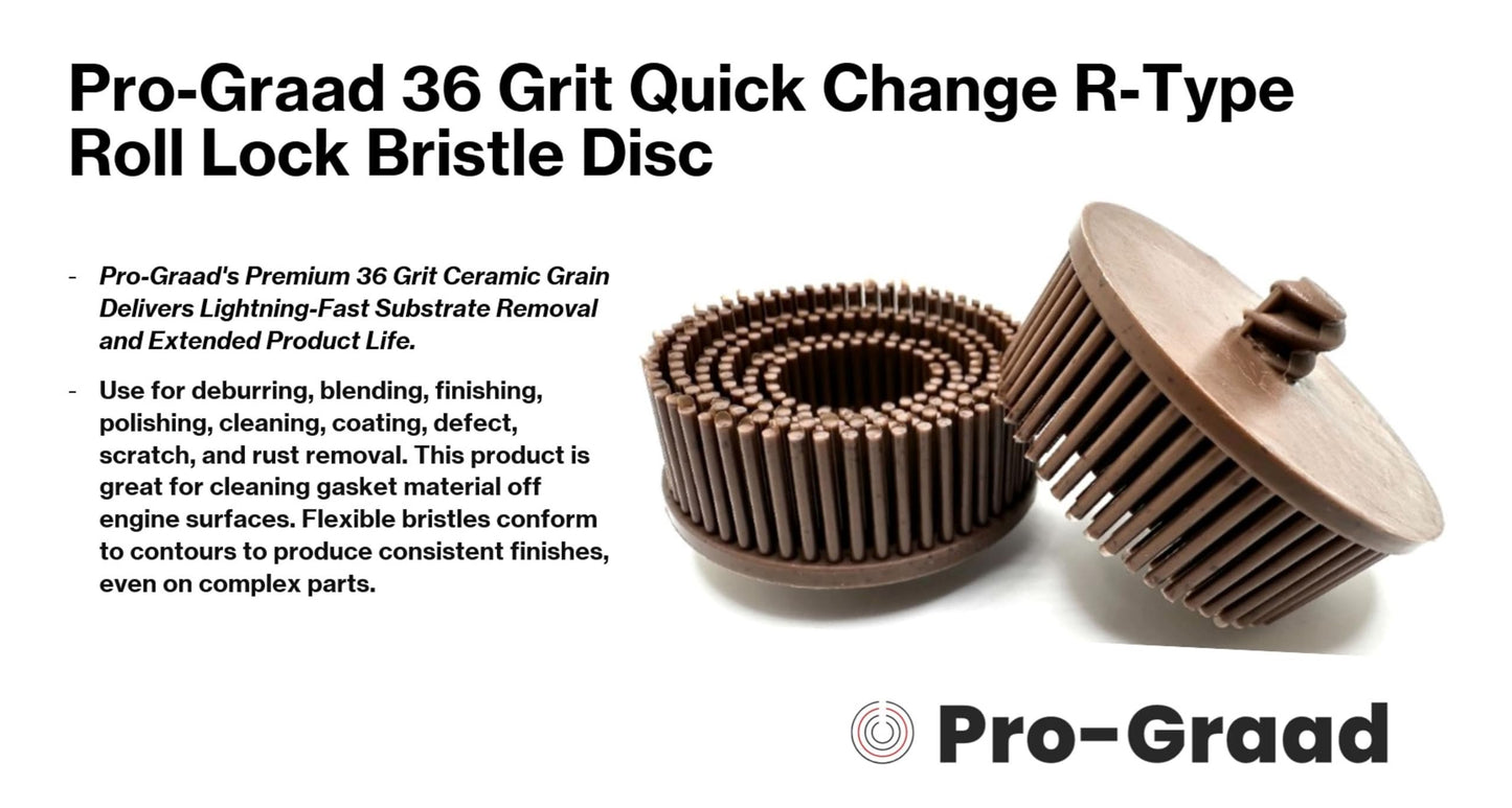 Pro-Graad  10 Pack 2" 36 Grit Brown R-Type Bristle Disc | Ceramic-Aluminum Oxide Abrasive Bristle Disc with Quick Change Roll Lock | Pack of 10 | Brown