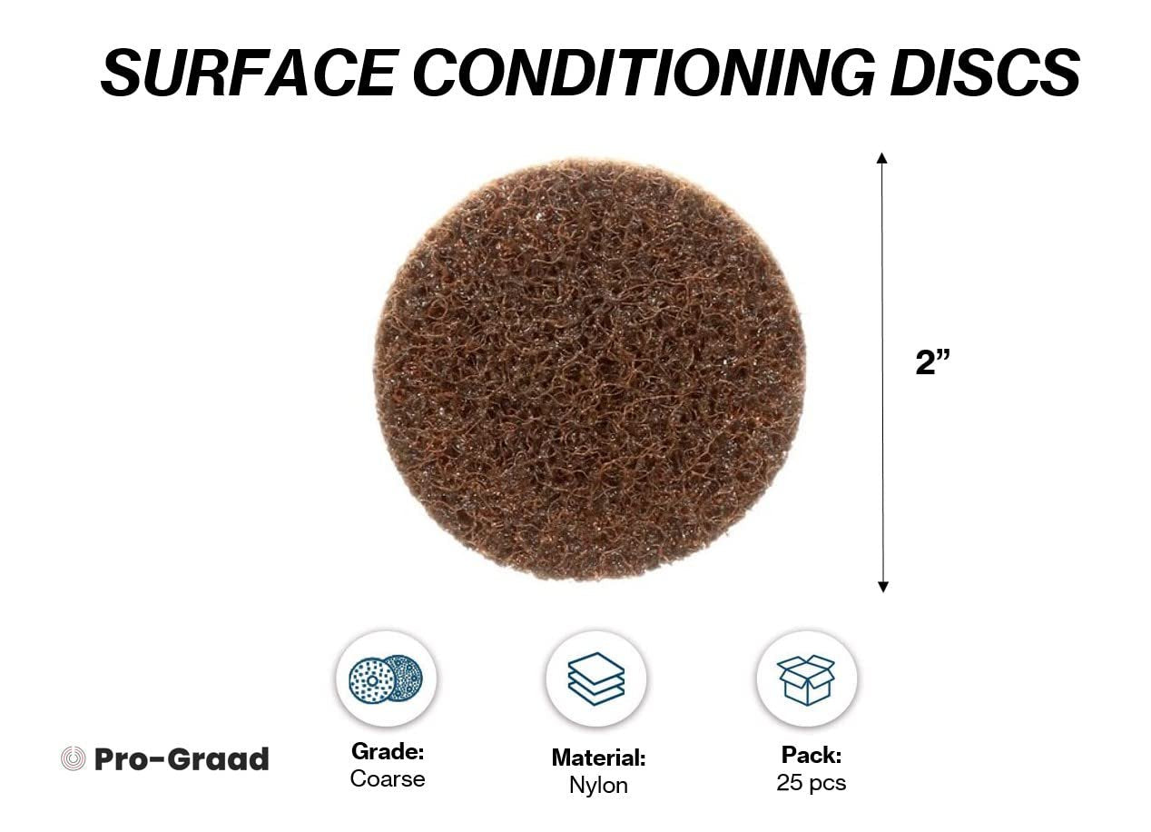 Pro-Graad 2" Quick Change Non-Woven Nylon Surface Conditioning Discs for Deburring Sanding Blending Polishing Paint Removal with Male R-Type Backing, Use with Die Grinder - Brown- (Coarse) - (25 Pack)