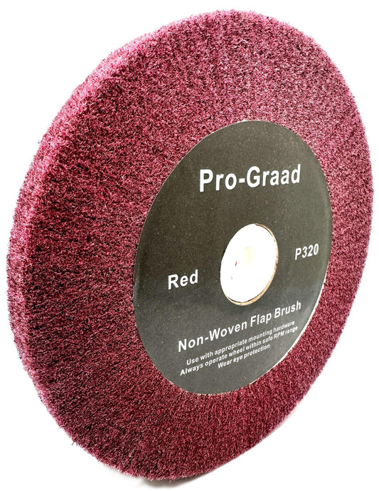 Pro-Graad 6” x 1/2” x 1” Arbor Red Bench Grinder Polishing Flap Wheel, 320 Grit, Tight Weave, Great for refurbishing golf clubs and metal, Non-Woven Wheel for Copper, Metal, Finishing & Burnishing