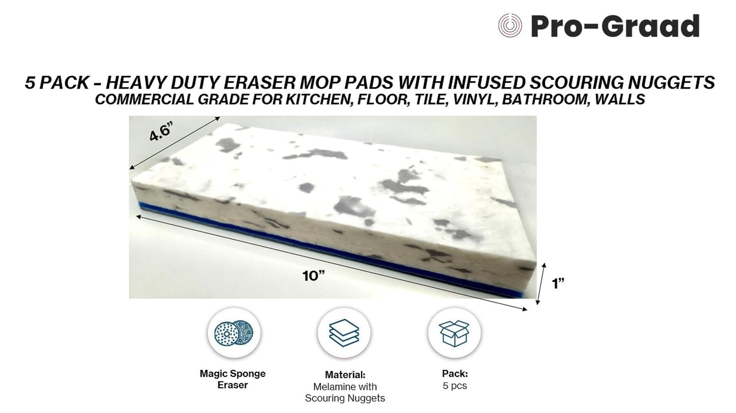 Magic Mopper 4.5" x 10" Heavy Duty Mop Floor Cleaning Eraser Pads infused with Scouring Nuggets 10x Durability Commercial Grade Floor Baseboard Walls, Compare to Magic Eraser – Doodlebug Pad, 5 Pack