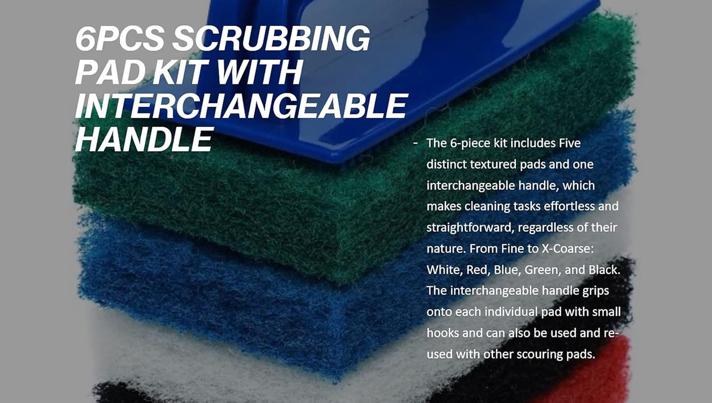 Pro-Graad 6pcs Scrubbing Pad Kit Interchangeable Reusable Handle | 5 Different Scrubbing & Scouring Pads: Red, White, Blue, Green, Black | for Bathroom, Kitchen, Grill, Teak, Boat Hull Bottom Cleaning