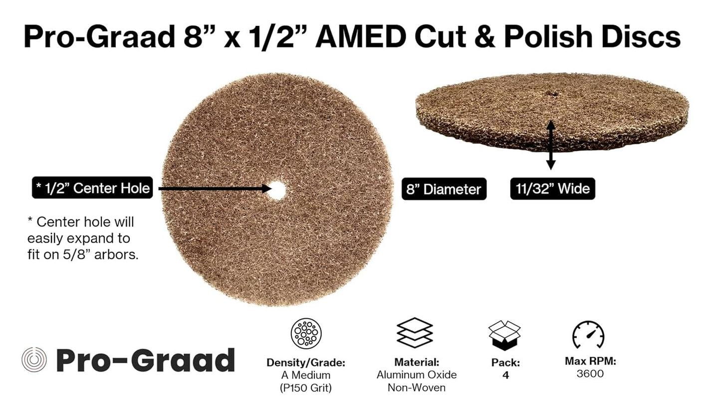 Pro-Graad 4 Pack 8” x 1/2” Medium (P150) Cut & Polish Discs, Aluminum Oxide Non-Woven Discs for Satin Finishing, Blending, Cleaning, 00831, Pack of 4