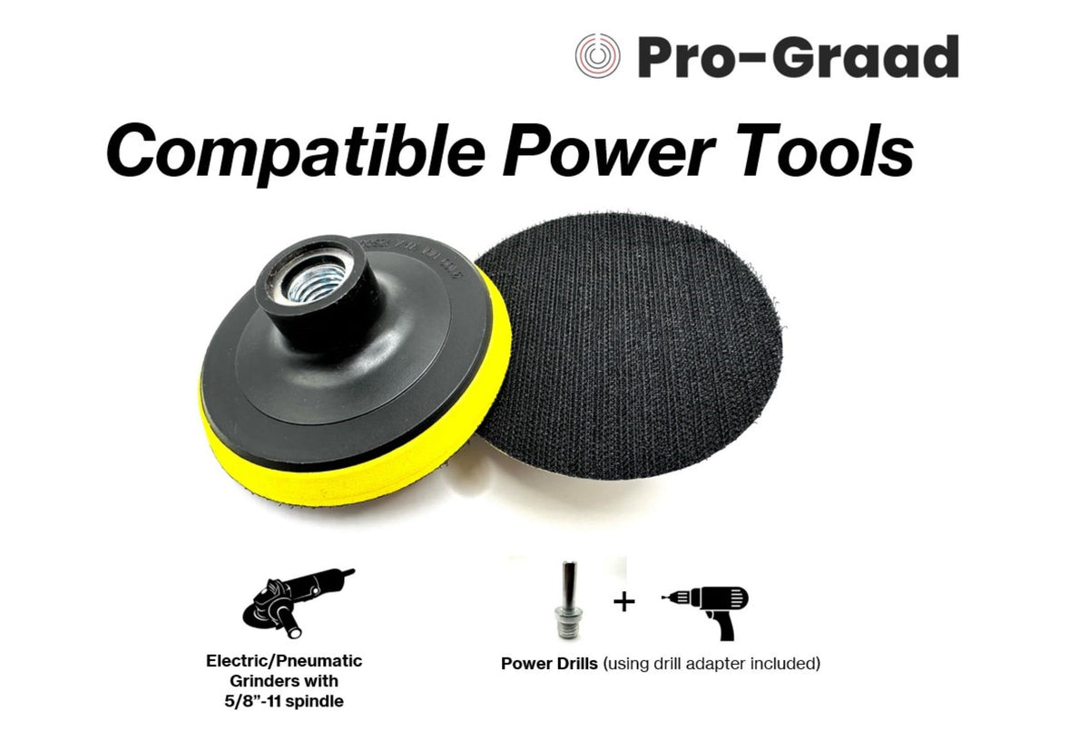 Pro-Graad 2 Pack 4" Hook and Loop Backing Pads Foam Backer Pad with 5/8”-11 – 4 inch Backup Pads for use with Angle Grinder or Drill Sanding Polishing Discs – Includes 2pcs 0.30” (8mm) Shank Adapters