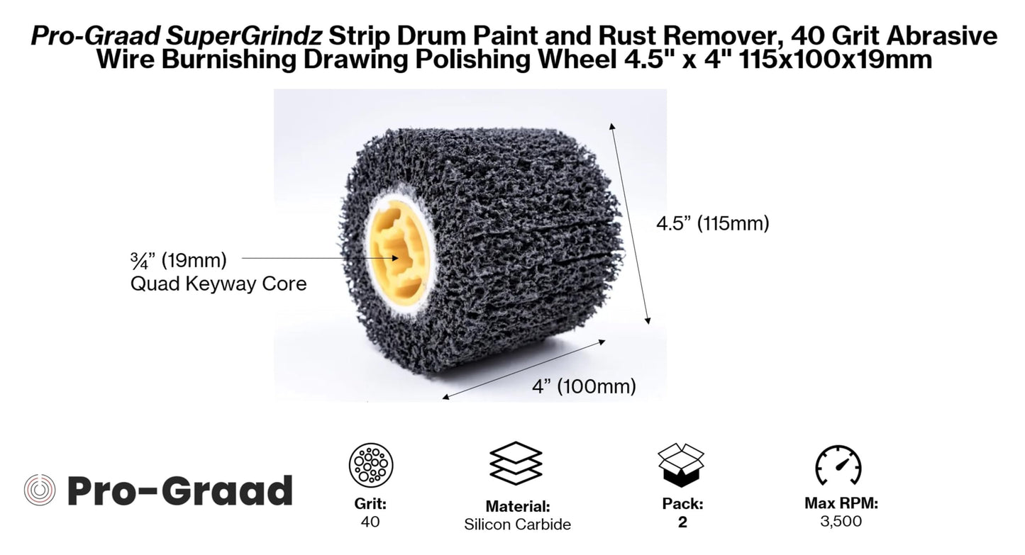 SuperGrindz 2-Pack Strip & Clean Abrasive Drum, 40 Grit Wire Drawing Burnishing Polishing Wheel – Removes Paint, Cleans Rust, Scale, Welds, Oxidation,  4.5” x 4” x 3/4” (115x100x19mm)