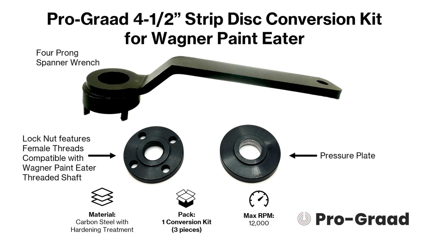Universal Strip Disc Conversion Kit for Wagner PaintEater - Pro-Graad Adapter with Lock Nut & Wrench - Upgrade for 4.5” x 7/8” Stripping Wheel Compatibility (Conversion Kit with 4-Prong Wrench)