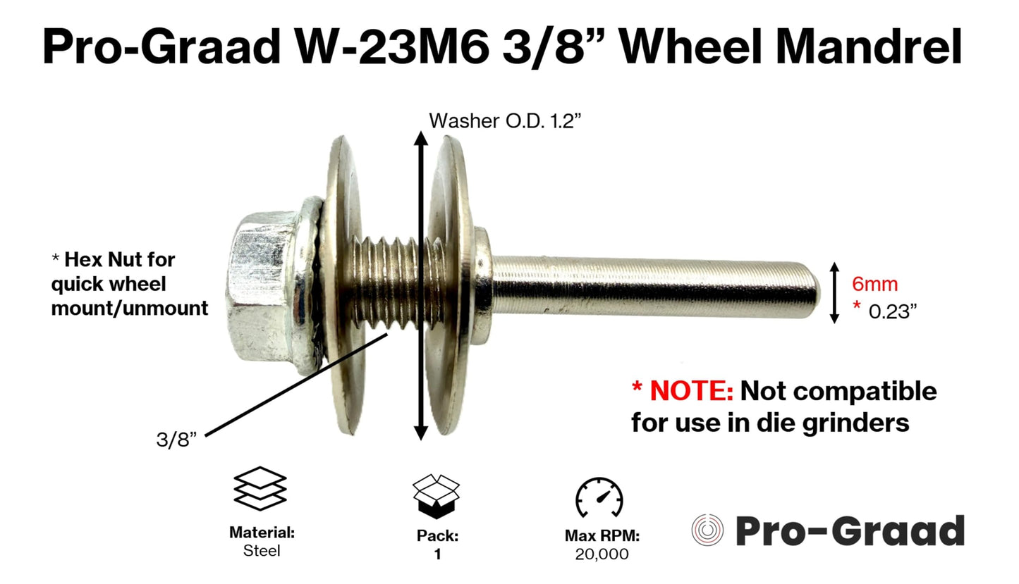 Pro-Graad W-23M6 3/8 Arbor Mounting Mandrel, Drill Arbor Adapter Wheel Mandrel, for Buffing, Polishing, Grinding & Unitized Wheels, Fits 3/8" Hole - Width up to .38", Features 6mm 0.23” Shank (1-Pack)