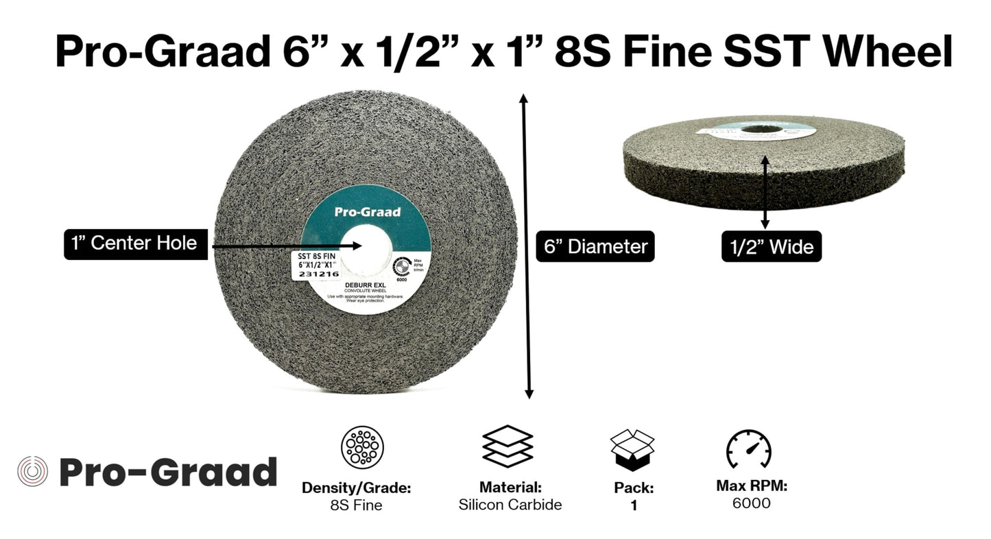 Pro-Graad SST Deburring Wheel - 6" x 1/2" x 1" 8S Fine Grit – Silicon Carbide – Excels on Titanium, Stainless & Tough Alloys, Deburring, Finishing and Polishing Wheel – Convolute – 01702 - (1 Pack)