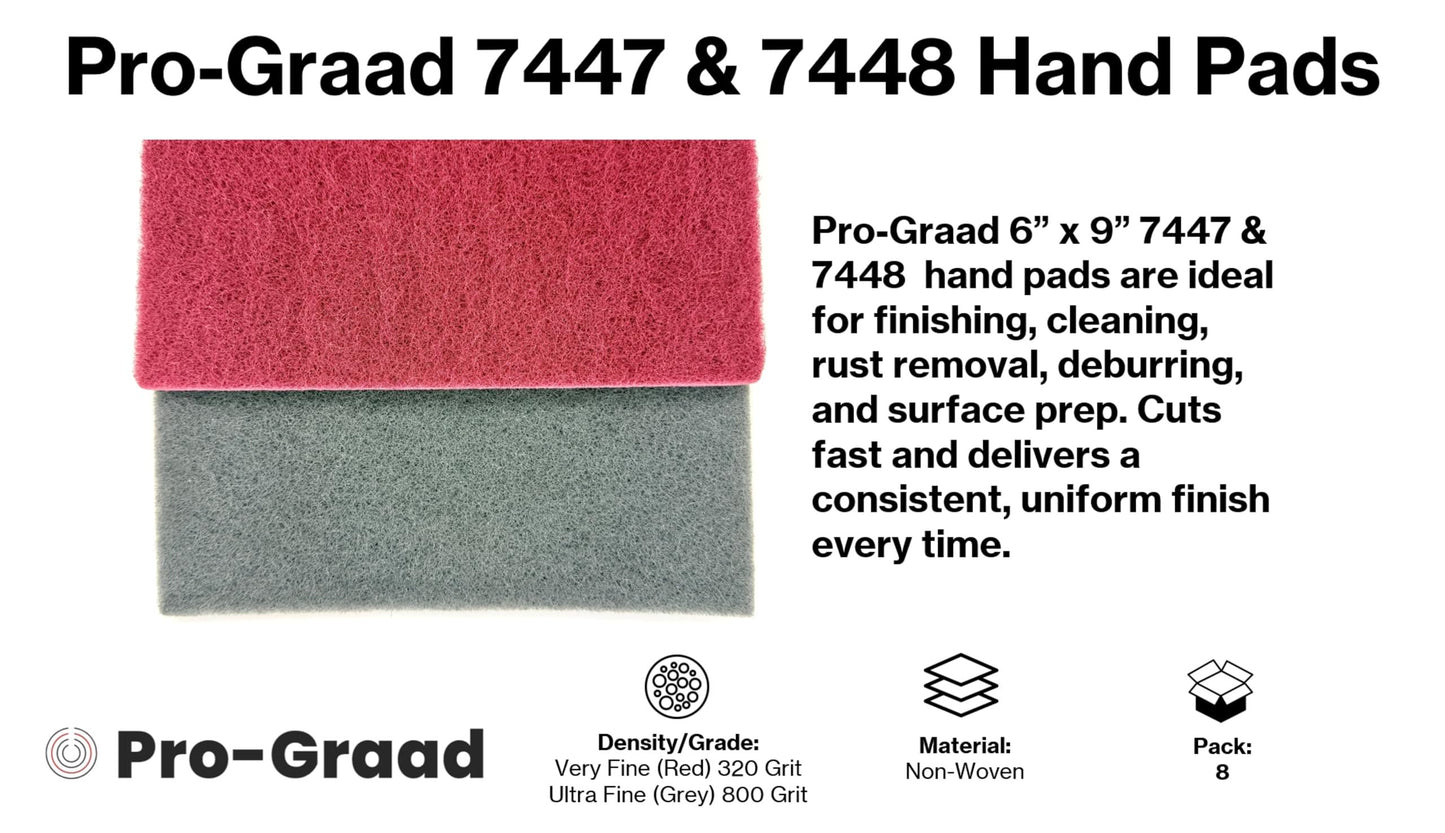 Pro-Graad 7447 & 7448 6" x 9" Automotive & Industrial Scuff Hand Pads, 8-Pack – 4 Maroon Fine & 4 Gray Ultra-Fine. Reusable wet/dry pads for surface/paint prep, sanding, auto body, woodworking, crafts