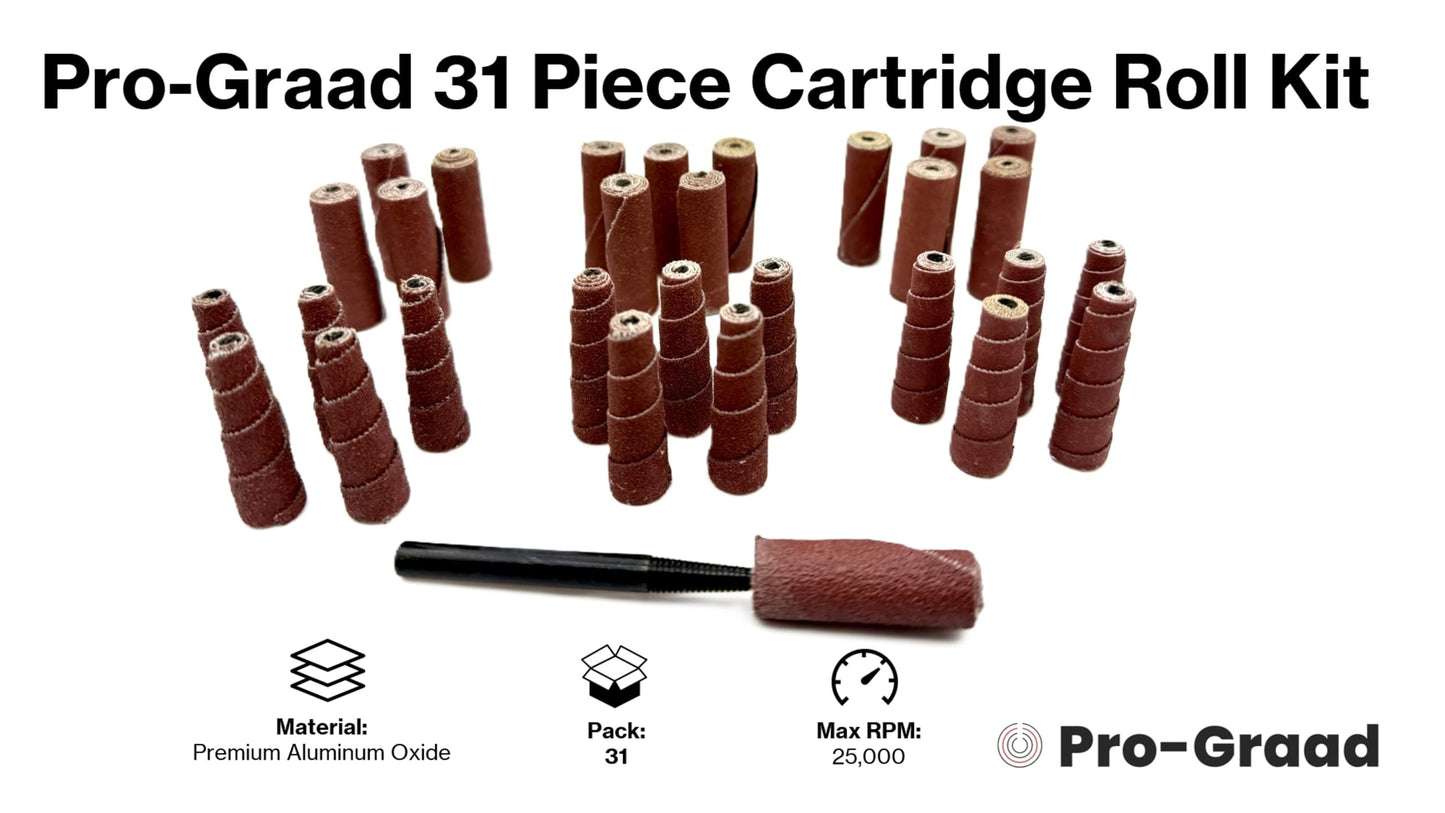 Pro-Graad 31 Piece Abrasive Sanding Cartridge Spiral Roll Sander Kit, Mini Cone & Cylinder Kit for Metal, Wood, Stainless, Fiberglass, Welds, Engine Porting – Die Grinder & Rotary Tool Accessories