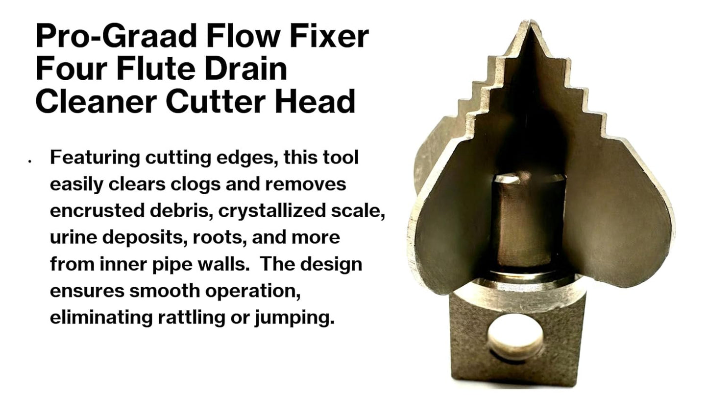 Pro-Graad 1.6” Spear 4 Flute Flow Fixer Drain Cleaner Plumbing Snake Cutter Head for 2” – 3” Pipes, Clears & Scrapes Inner Walls, Fits 3/8” 1/2" or 9/16” Cables, Commercial & Residential Use