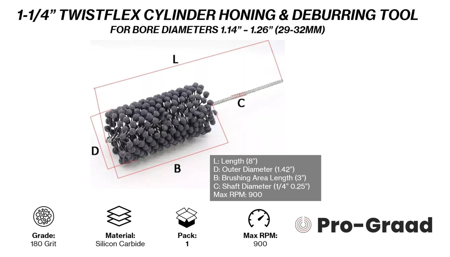 TwistFlex 1-1/4" 180SC Cylinder Hone | 1.25" Flexible Cylinder Honing & Deburring Tool | Bore Brush for Hole Diameters 1.14 - 1.26" | Silicon Carbide 180 Grit | 1/4" Shank | 8" Length