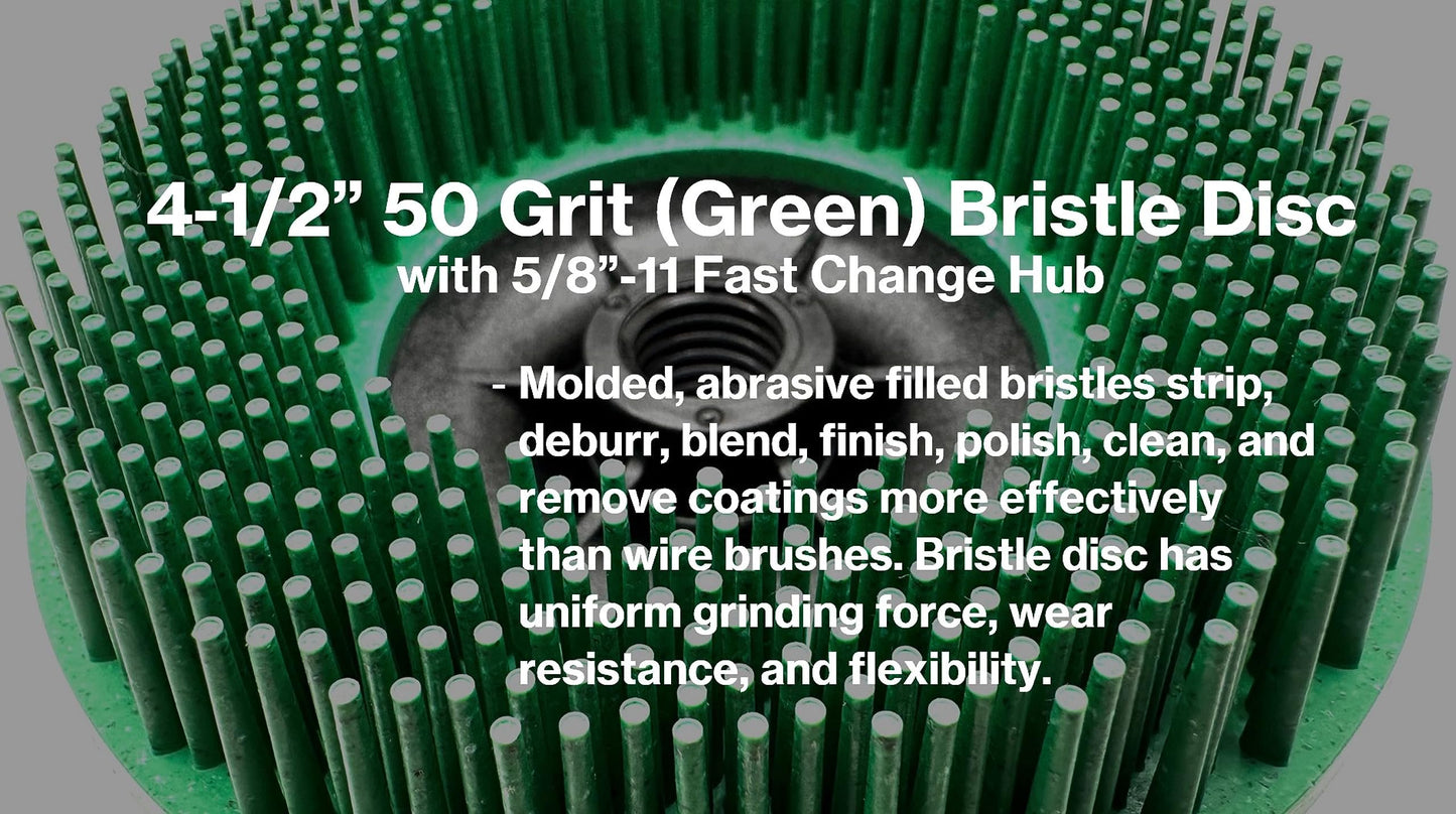 Pro-Graad 4-1/2” x 5/8”-11 50 Grit Green Bristle Disc | Ceramic-Aluminum Oxide Abrasive Bristle Disc with 5/8”-11 Fast Change Hub | Remove Coatings Paint Rust Contaminants Weld Burn | Pack of 1