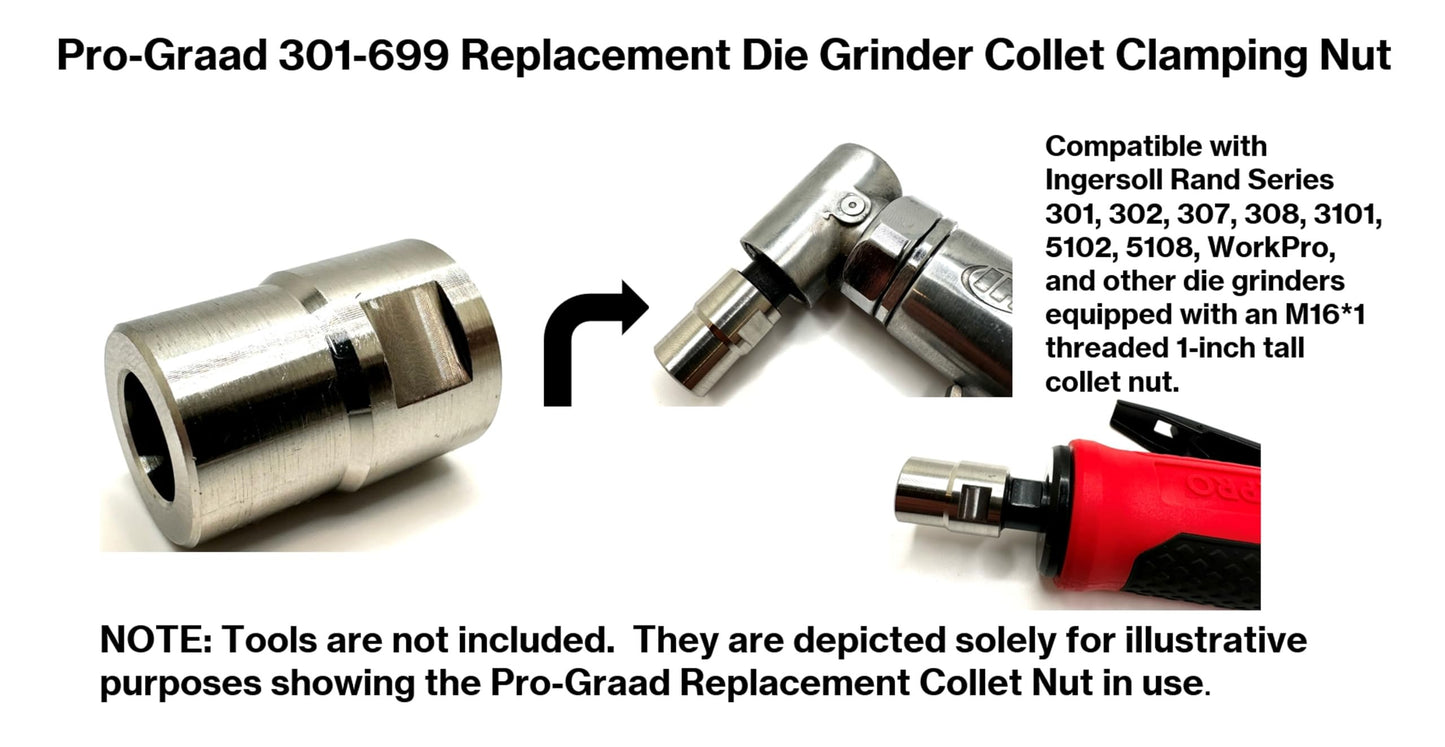 Pro-Graad 301-699 Replacement Die Grinder Collet Clamping Nut Compatible Fit Ingersoll Rand 301, 302, 307, 308, 3101, 5102, 5108, WorkPro, Dewalt & Others with M16*1 Thread, 1" Tall Cap