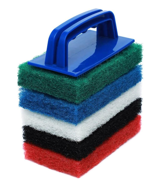 Pro-Graad 6pcs Scrubbing Pad Kit Interchangeable Reusable Handle | 5 Different Scrubbing & Scouring Pads: Red, White, Blue, Green, Black | for Bathroom, Kitchen, Grill, Teak, Boat Hull Bottom Cleaning